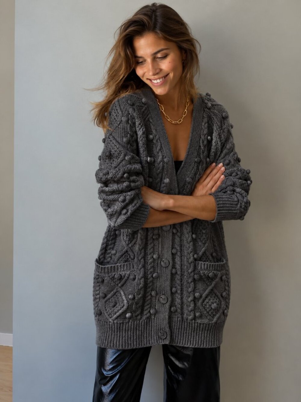 Aritzia Wilfred Alps Cardigan Merino Wool Cotton Cable Knit Dark Grey Size Small